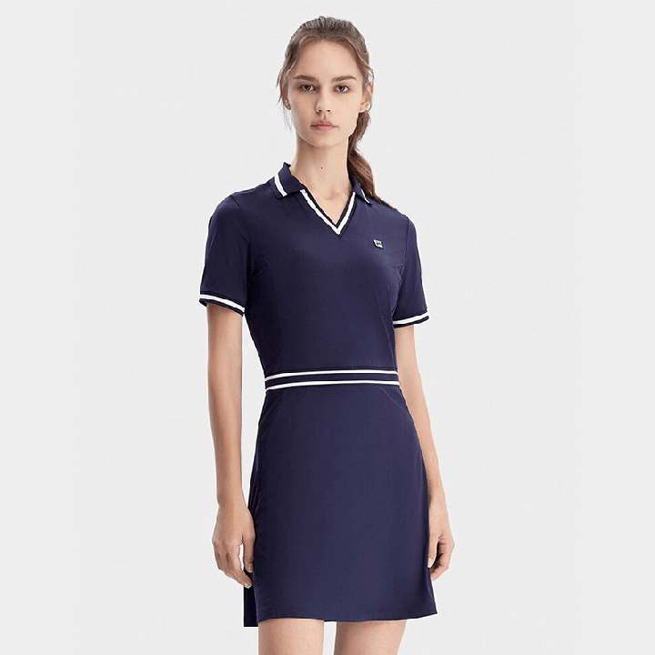 FILA 斐乐官方女子连衣裙2023夏季新款简约V领网球运动短袖连身裙 RD宝蓝-NV 165/84A/M