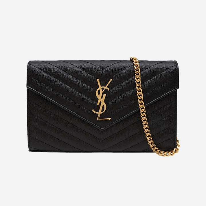 Yves Saint LaurentYSL圣罗兰杨树林女包Monogram信封woc黑色鱼子酱链条包单肩斜挎包 金扣金链中号22.5*14*4 现货
